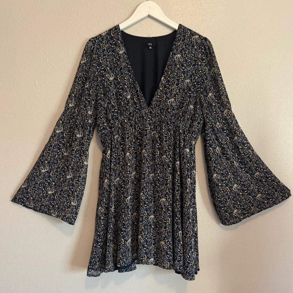 LUCCA Boho Floral Bell Sleeve Mini Dress - Size Large - Picture 5 of 11